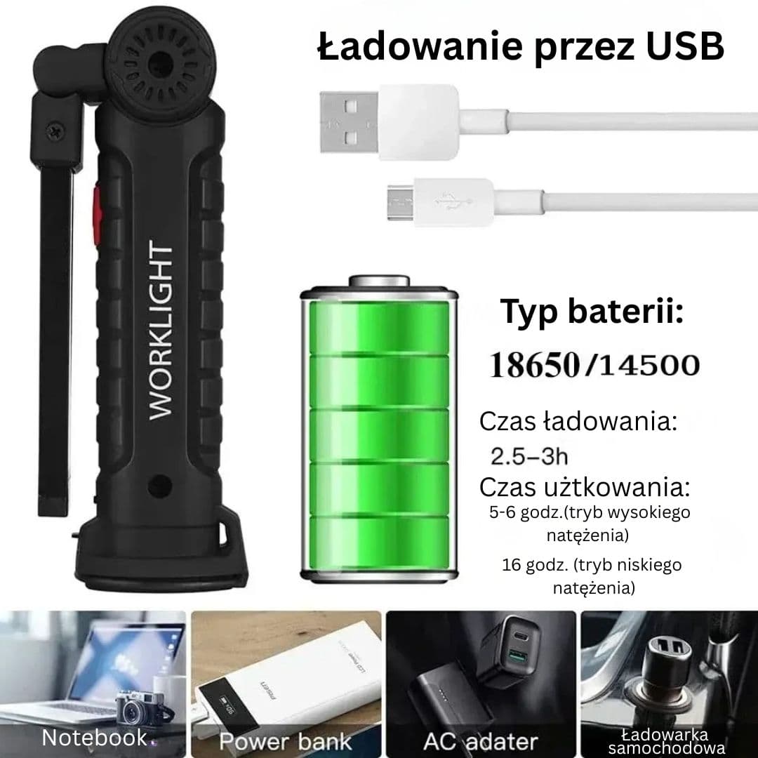 Przenośna, Regulowana Lampa LED z Magnetycznym Hakiem i Powerbankiem 🔦