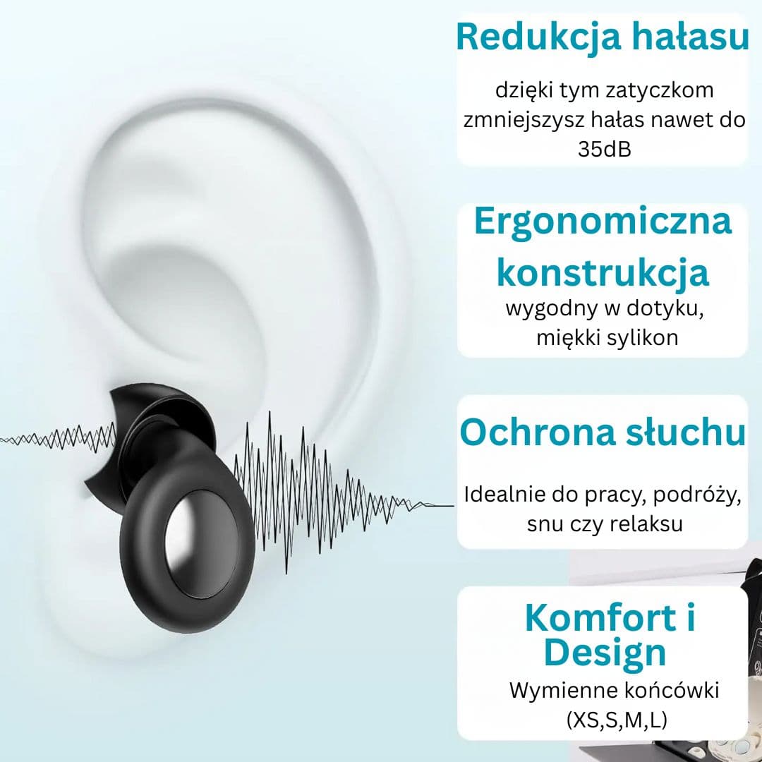 Stopery 25dB, silikonowe, wielokrotnego użytku, idealne do spania na koncerty, podróże i naukę 🎧