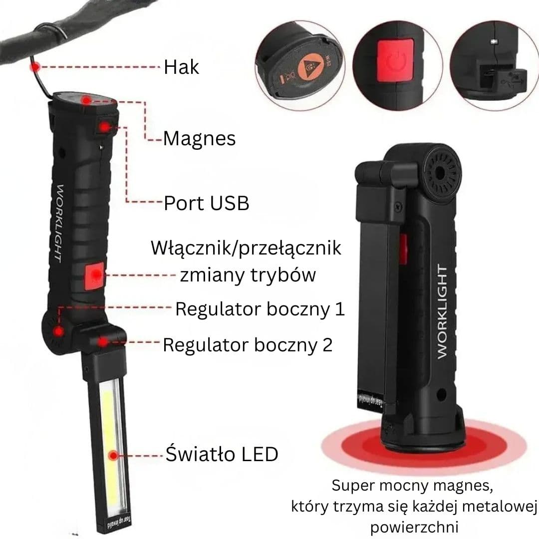 Przenośna, Regulowana Lampa LED z Magnetycznym Hakiem i Powerbankiem 🔦